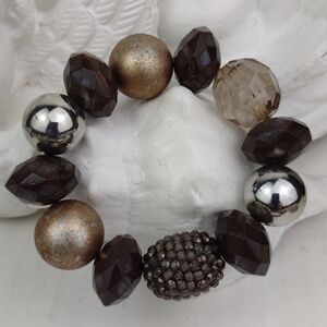 Champaigne Gold Silver & Brown & Amber Facted Rustic Bead Stretch Bracelet
